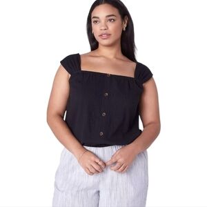 Lane Bryant Womens Black Relaxed Crop Cap-Sleeve Square-Neck Top Size 22/24